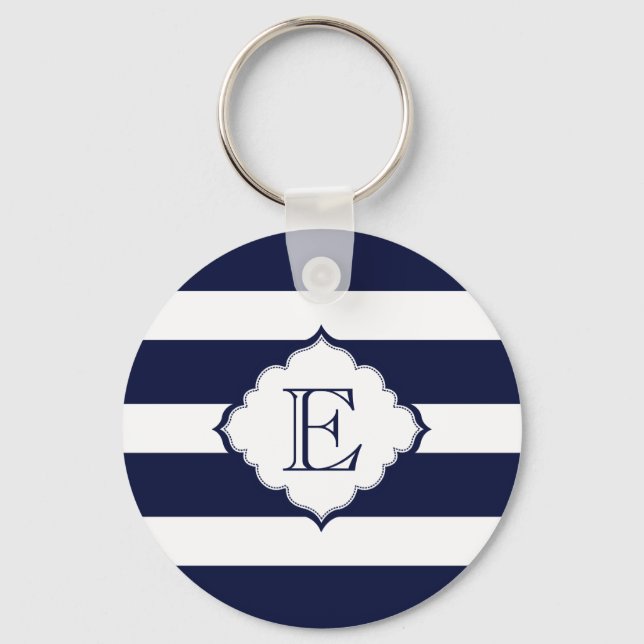 Royal Blue And White Stripes Geometric Pattern Key Ring (Front)