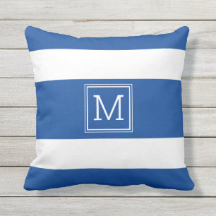 Royal Blue And White Stripes Simple Monogram Cushion