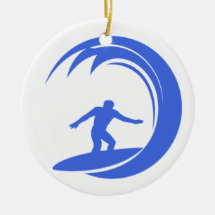 Royal Blue and White Surfing Ceramic Tree Decoration