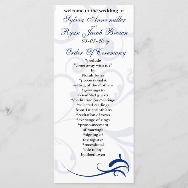royal blue and white Wedding program Rack Card (Front)