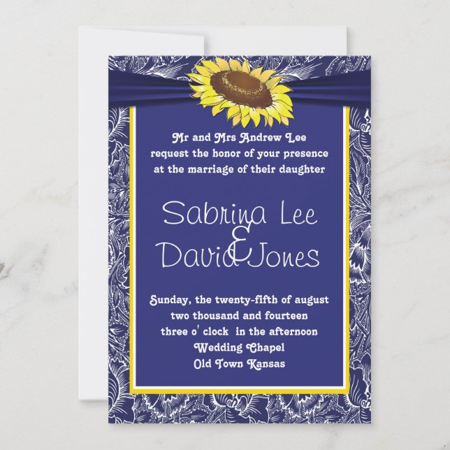 Royal Blue and Yellow Sunflower Wedding Invitation (Front)