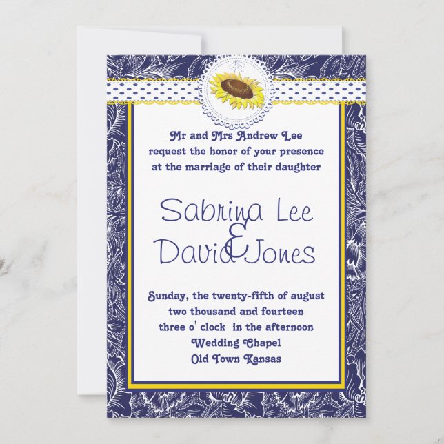 Royal Blue and Yellow Sunflower Wedding Invitation (Front)