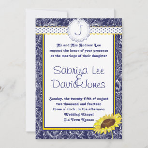 Royal Blue and Yellow Sunflower Wedding Invitation