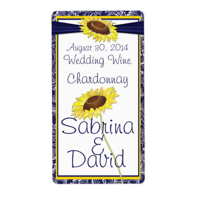 Royal Blue and Yellow Sunflower Wedding Wine Label (Front)