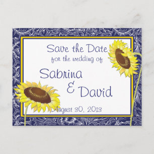 Royal Blue and Yellow Sunflowers Save the Date Announcement Postcard