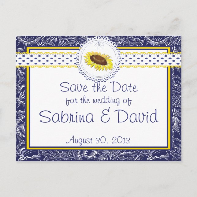 Royal Blue and Yellow Sunflowers Save the Date Announcement Postcard (Front)