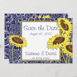 Royal Blue and Yellow Sunflowers Save the Date Invitation