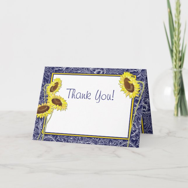 Royal Blue and Yellow Sunflowers Thank You Card (Front)