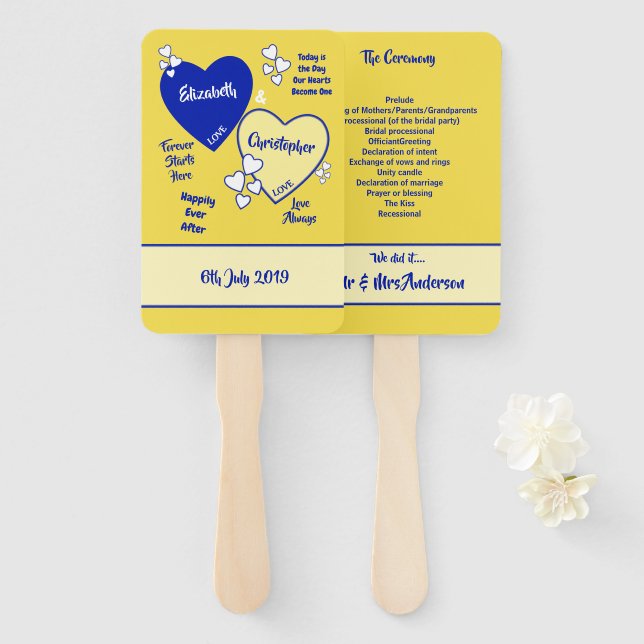 Royal blue and yellow Wedding Hand Fan (Front and Back)