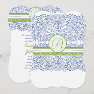 Royal Blue Apple Green Grey Love Birds Wedding Invitation