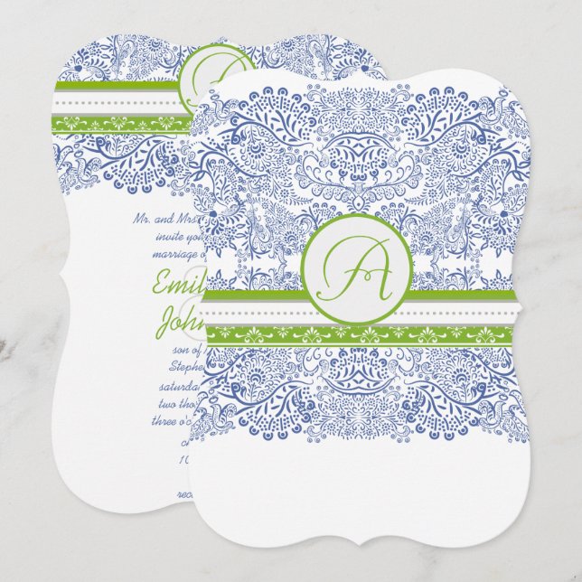 Royal Blue Apple Green Grey Love Birds Wedding Invitation (Front/Back)