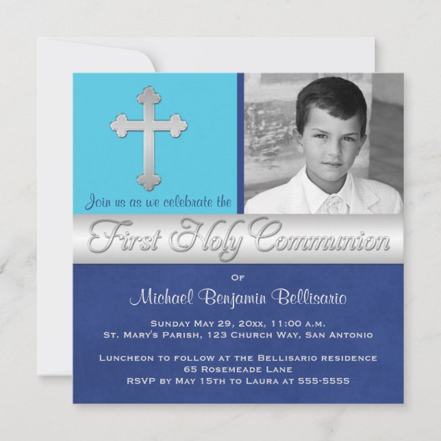 Royal Blue, Aqua 1st Holy Communion Photo Invite (Front)