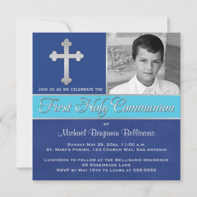Royal Blue, Aqua 1st Holy Communion Photo Invite 2 (Front)