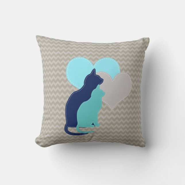 Royal Blue, Aqua, Grey Cats on ChevronThrow Pillow (Front)