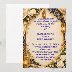 Royal Blue Arabic Arch and Lanterns Wedding Invitation