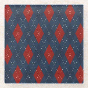 Royal Blue Argyle Christmas Pattern Glass Coaster