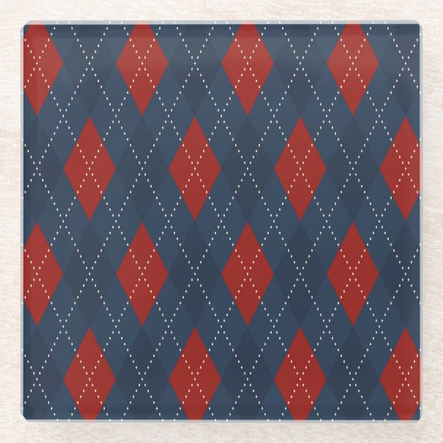 Royal Blue Argyle Christmas Pattern Glass Coaster (Front)