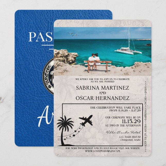 Royal Blue Aruba Passport Wedding Invitation (Front/Back)