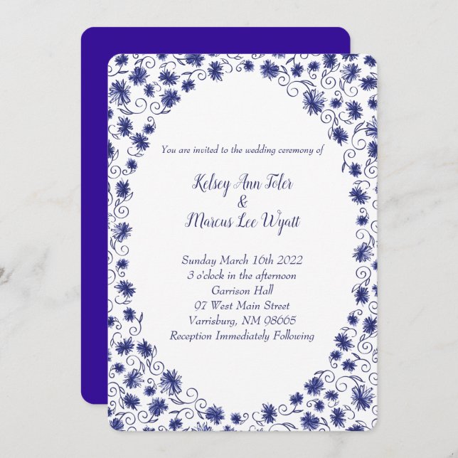 Royal Blue Aster Flower Wedding Invitations (Front/Back)