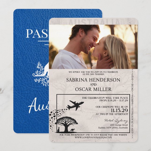 Royal Blue Australia Passport Wedding Invitation (Front/Back)