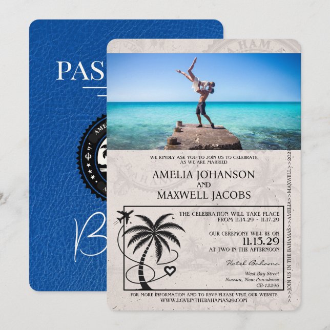 Royal Blue  Bahamas Passport Wedding Invitation (Front/Back)