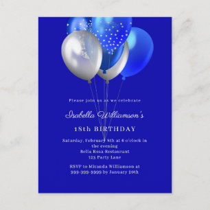 Royal blue balloons birthday invitation postcard