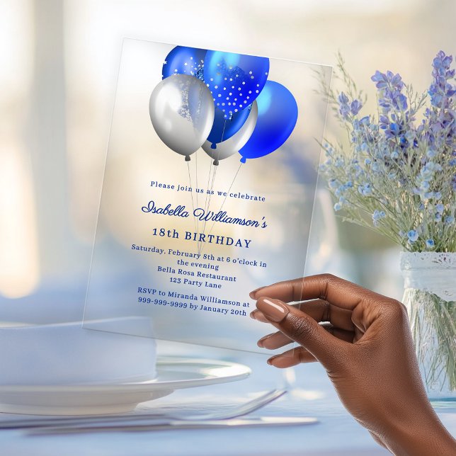 Royal blue balloons clear luxury birthday acrylic invitations (Creator Uploaded)