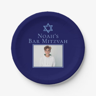 Royal Blue Bar Mitzvah Photo Star of David Party Paper Plate