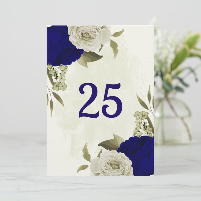 Royal blue beige floral table number card (Standing Front)