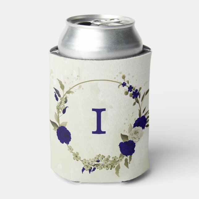 Royal blue beige floral wedding can cooler (Can Front)