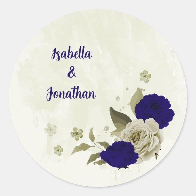 Royal blue beige floral wedding classic round sticker (Front)