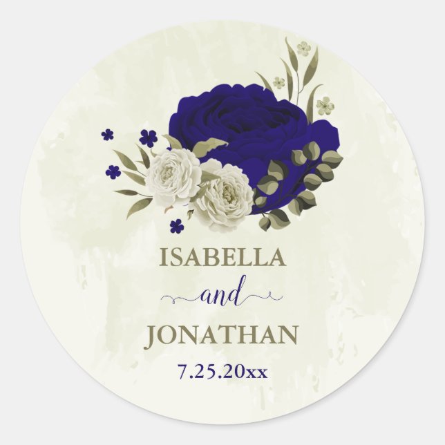 Royal blue beige floral wedding classic round sticker (Front)