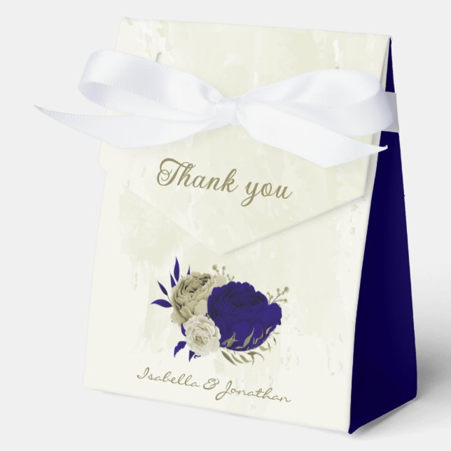 Royal blue beige floral wedding favour box (Front)