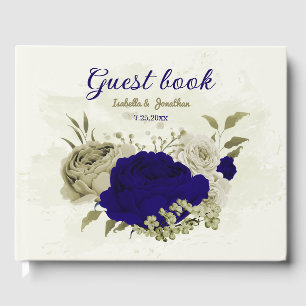 Royal blue beige floral wedding guest book
