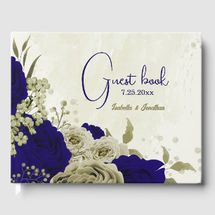Royal blue beige floral wedding guest book