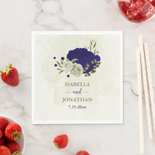 Royal blue beige floral wedding napkin