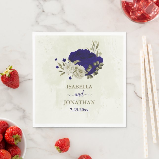 Royal blue beige floral wedding napkin (Insitu)