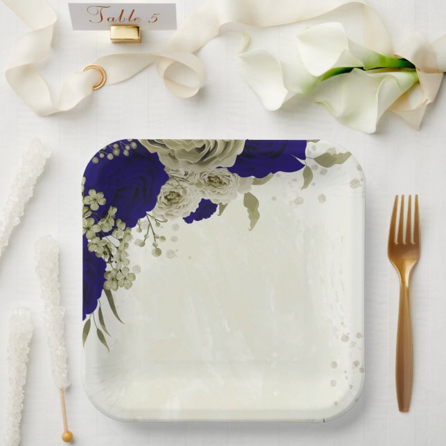 Royal blue beige floral wedding paper plate (Wedding)