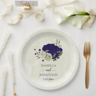 Royal blue beige floral wedding paper plate