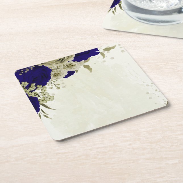 Royal blue beige floral wedding square paper coaster (Angled)