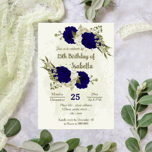 Royal blue beige flowers botanical birthday invitation