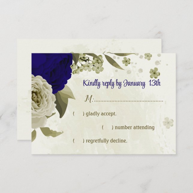 Royal blue beige flowers botanical wedding RSVP card (Front/Back)