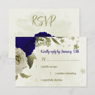 Royal blue beige flowers botanical wedding RSVP card
