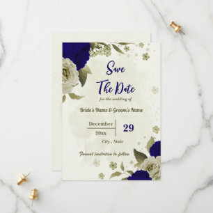 Royal blue beige flowers botanical wedding save the date