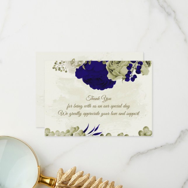 Royal blue beige flowers botanical wedding thank you card (Front/Back In Situ)
