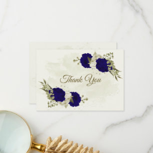 Royal blue beige flowers botanical wedding thank you card