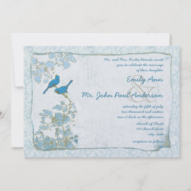 Royal Blue Birds Damask Pink Font Wedding Invite (Front)