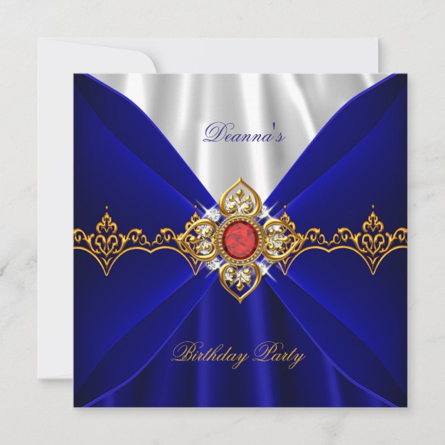 Royal Blue Birthday Gold Red Jewel White Silk Invitation (Front)