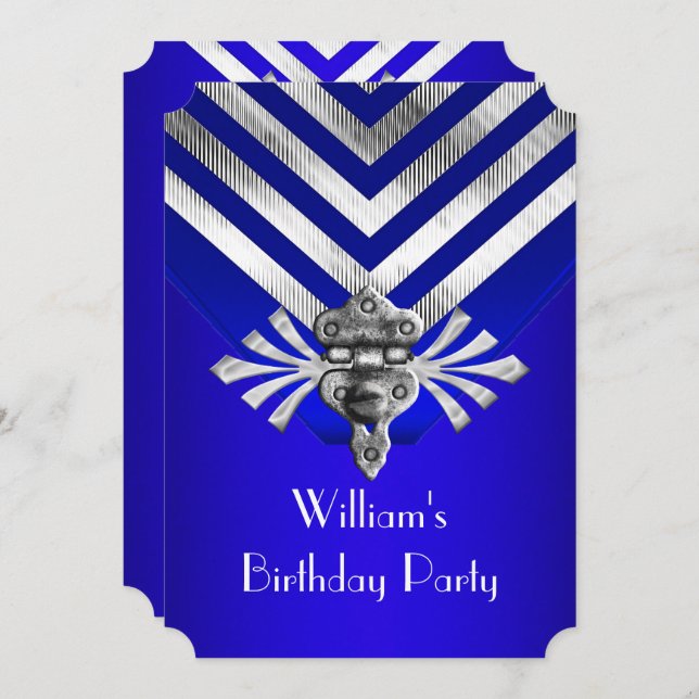 Royal Blue Birthday Party Silver Stripe Invitation (Front/Back)
