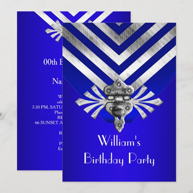 Royal Blue Birthday Party Silver Stripe Invitation (Front/Back)